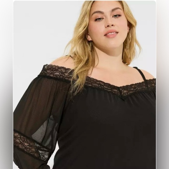 Torrid Elegant Women's Chiffon Black Off-Shoulder 3/4 Sleeve Lace Top Blouse, NW - Picture 8 of 13